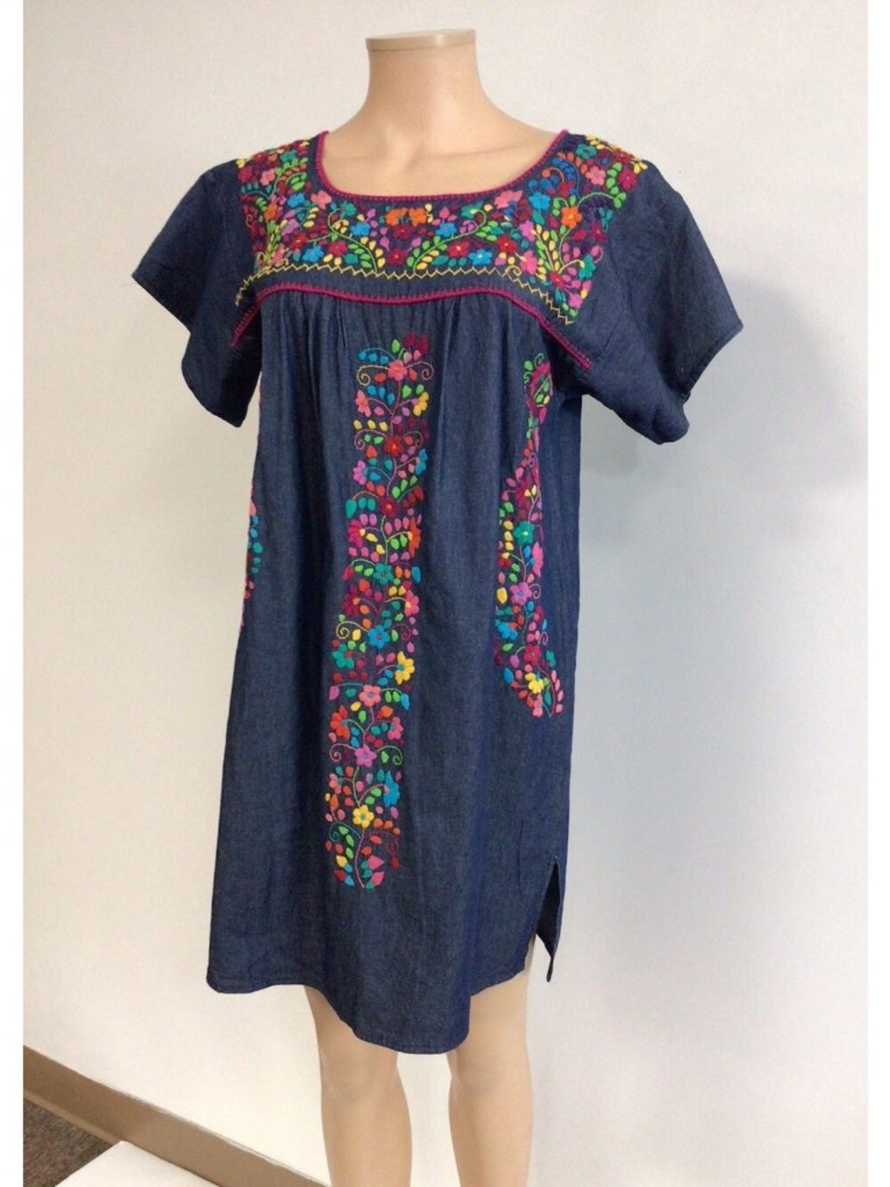 Ethnic Denim Dress Mexican Hand Embroidered Native Womens Small